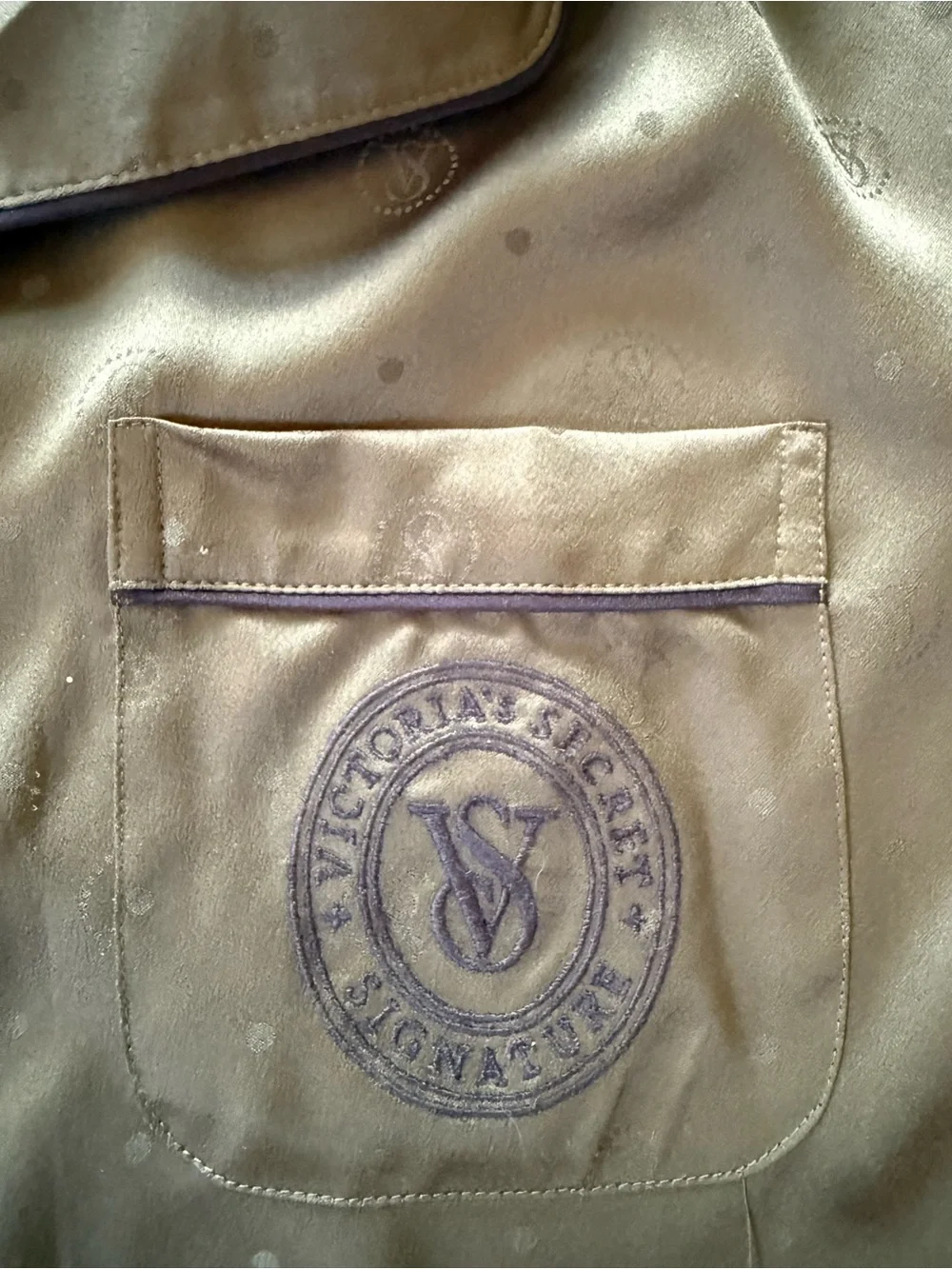 Victoria's Secret Olive Satin Pajama Set with Embroidered Pocket